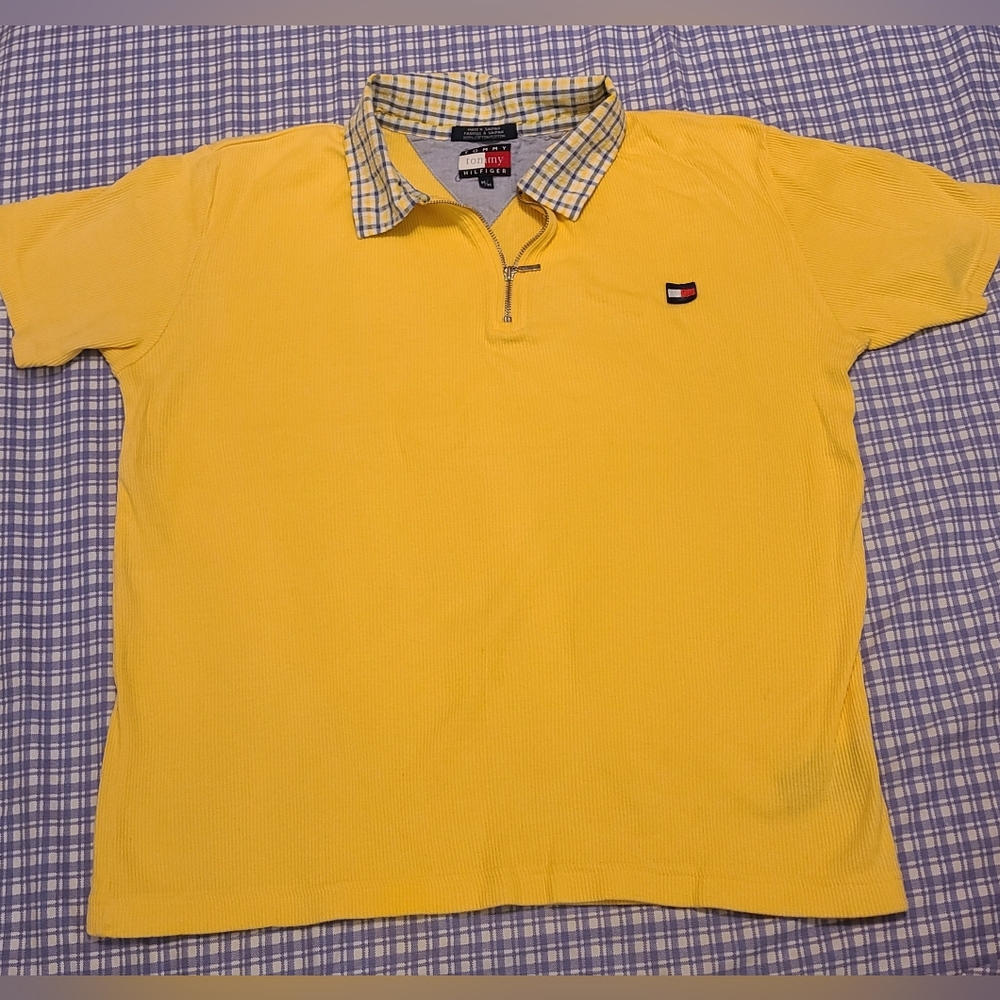 VTG Tommy Hilfiger Women's Yellow Polo Shirt W/Checkered Collar 1/4 Zip Sz M EUC